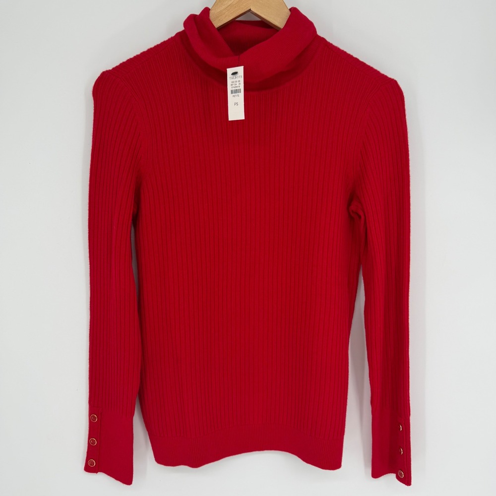 Talbots Turtleneck Womens Red Ribbed Sweater Gold Button Cuff Petite Small PS
